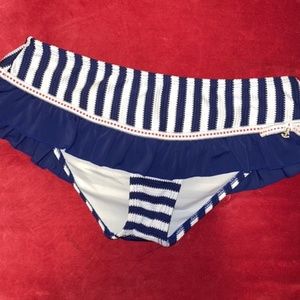 Betsey Johnson Nautical Sailor Navy Stripe Ruffle Half-skirt Bikini Bottoms Sz M